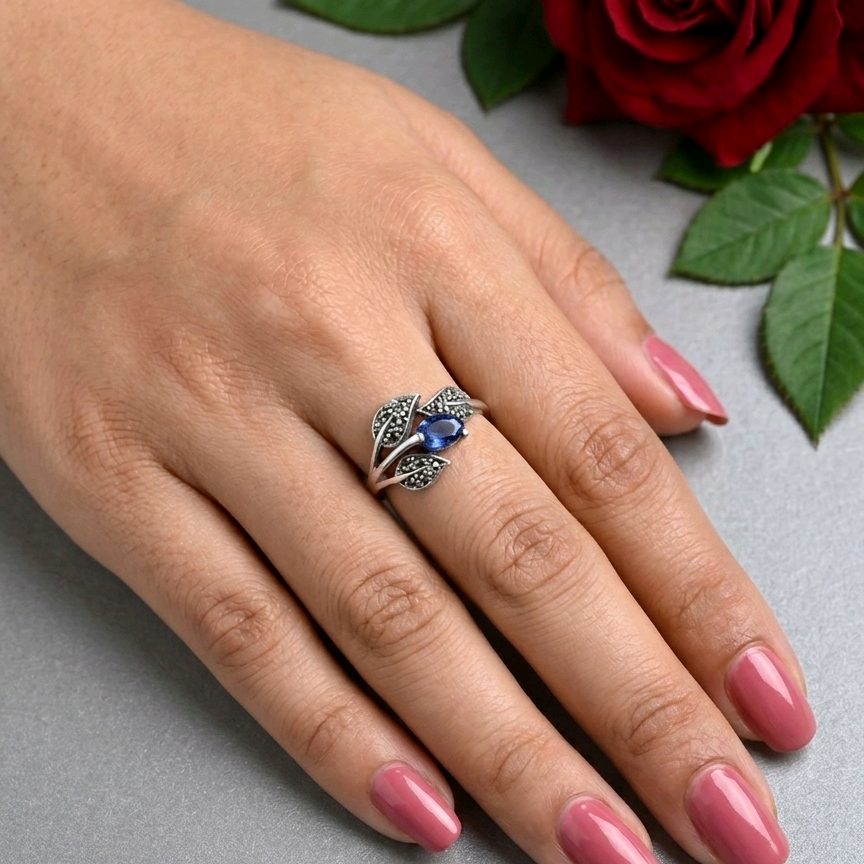 Marcasite And Blue Sapphire Leaf Ring